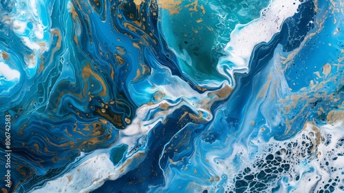 Artwork focusing on a section of a blue river, where the water cascades over rocks, creating ripples and froth. AI generated photo