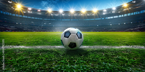 Close up of a soccer ball in the center of the stadium illuminated by the headlights with background lights at night and stadium lights at night and stadium © Zaid
