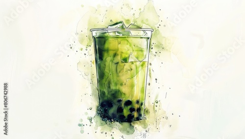 Refreshing Watercolor Iced Bubble Tea Illustration, Green Drink Art, Summer Beverage Drawing