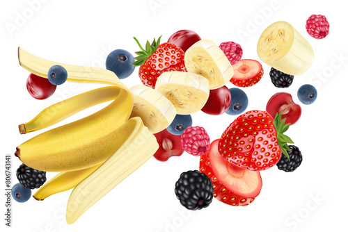 Banana flying with mixed berries Ads. Season sweet of tropical fruits. 3d realistic vector, Food concept design. of free space for your texts and branding.