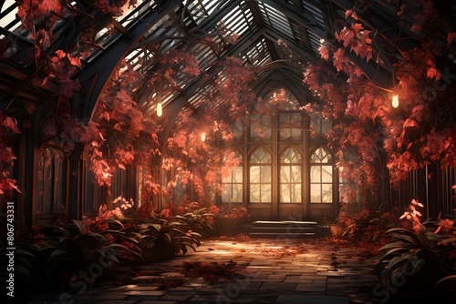 Beautiful autumn garden with red leaves in the greenhouse. 3d rendering