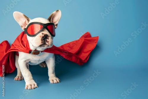 Puppy Dressed in Superhero Costume Against Blue Backdrop - Heroic dog, Animal Pets Cosplay photo