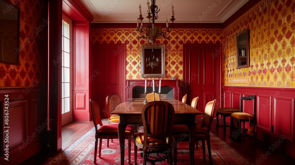 Red and yellow patterned wallpaper in a dining room with red wainscoting.