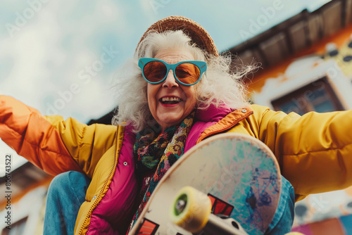 Fashionable crazy granny in colorful clothes rides a skateboard on the street. © johnalexandr
