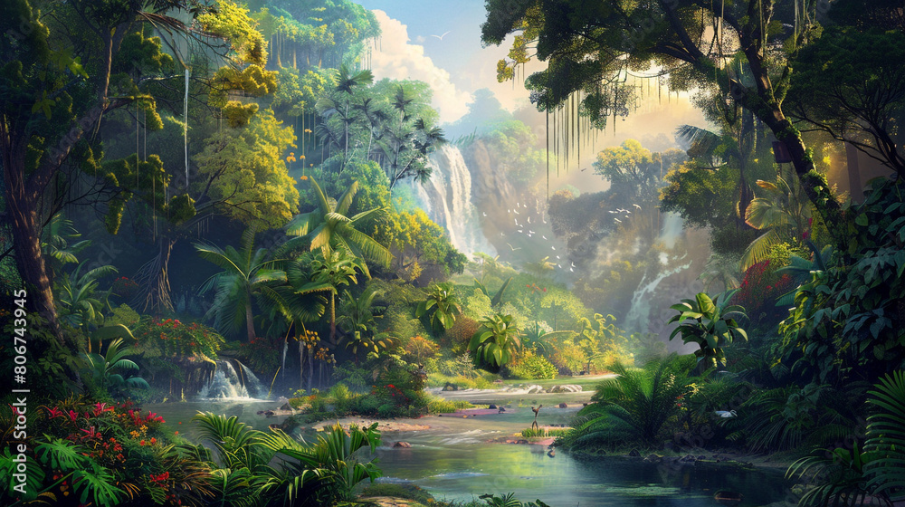 A lush tropical rainforest scene with towering trees, dense foliage, and a winding river flowing through the verdant landscape, teeming with diverse wildlife and vibrant colors.