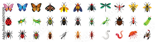 Collection of Colorful Insect Icons, vector flat cartoon illustration - butterfly, bee, ant, ladybug, caterpillar, dragonfly, moth, wasp, grasshopper, cricket, cockroach. © Pixel Pine
