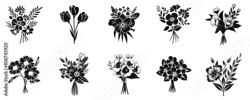 Elegant Flower Bouquet vector illustration. Different wildflowers hand drawn black on white background. Floral decoration silhouette.