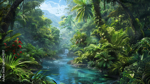 A lush tropical rainforest scene with towering trees, dense foliage, and a winding river flowing through the verdant landscape, teeming with diverse wildlife and vibrant colors. © Sajawal