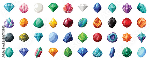 Collection of Gemstone and Crystal Icons, vector flat cartoon illustration. Crystals set - topaz, obsidian, diamond, moonstone, emerald, rose quartz mineral.