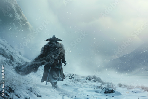 Samurai on Winter Watch in Snowy Conditions with Deep Blue Sky