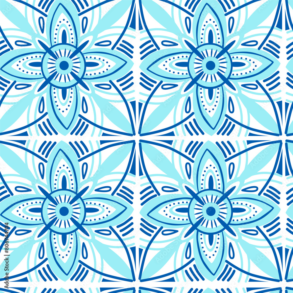 Vector seamless texture with blue geometric flowers. Vector pattern with blue geometric flowers.