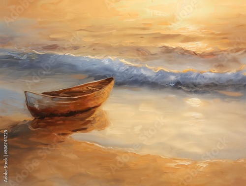 A canvas painting depicting a serene coastal sunset with a small boat gently bobbing on the calm ocean waters. AI generated