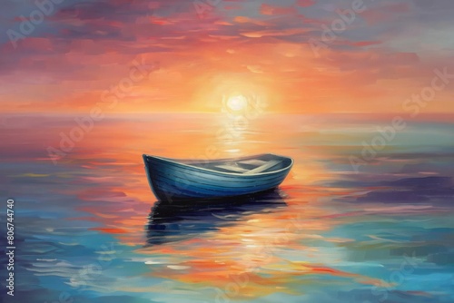 A canvas painting depicting a serene coastal sunset with a small boat gently bobbing on the calm ocean waters. AI generated