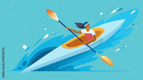A spray of water follows the sleek kayak as the paddler skillfully steers through the challenging slalom course hitting each gate with precision.. Vector illustration