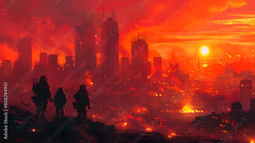 Heroic Rescue Efforts in Conflict Ravaged Futuristic City Bathed in Fires and Emergency Lights