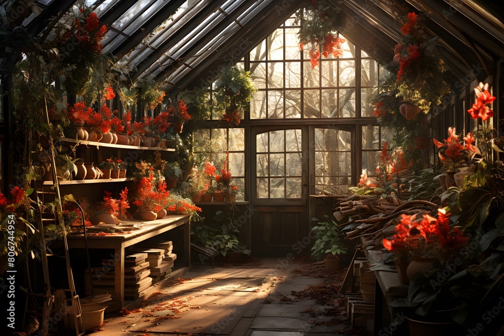 A panoramic shot of a greenhouse with flowers in the foreground
