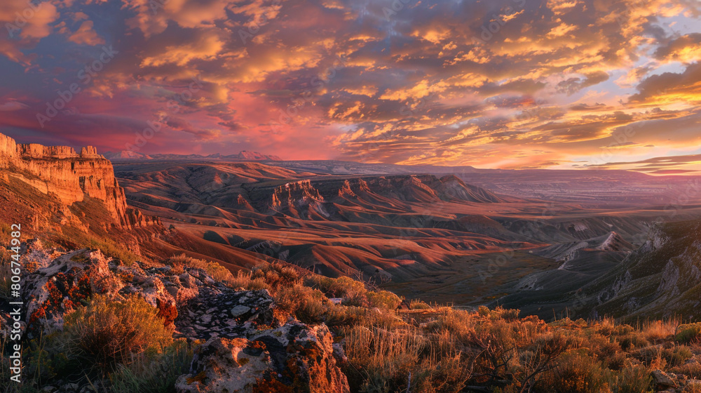 A majestic sunrise over a remote mountain range, painting the sky with hues of pink and gold, while casting long shadows across the rugged landscape below, creating a dramatic and awe-inspiring scene