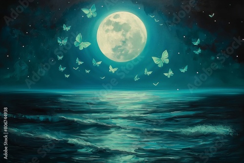 A canvas painting depicting a serene full moon shining brightly over a calm ocean  with teal green butterflies fluttering across the moonlit sky. AI generated