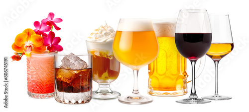 Set and collection of classic alcohol cocktails, beer and mocktail isolated on white background with fresh summer fruits