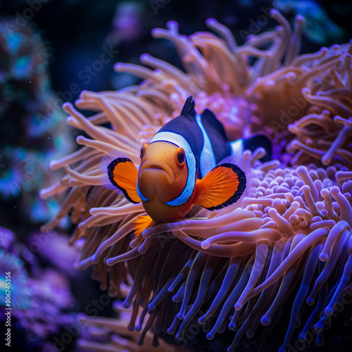 Clownfish hiding among sea anemones, underwater