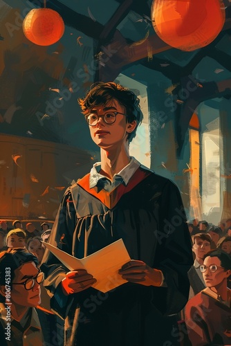 Illustration of a student receiving a scholarship award during an assembly photo