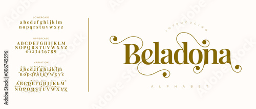 Beladona elegant font alphabet uppercase lowercase and number. Classic lettering minimal fashion designs. Typography modern serif fonts regular decorative vintage concept. Vector illustration