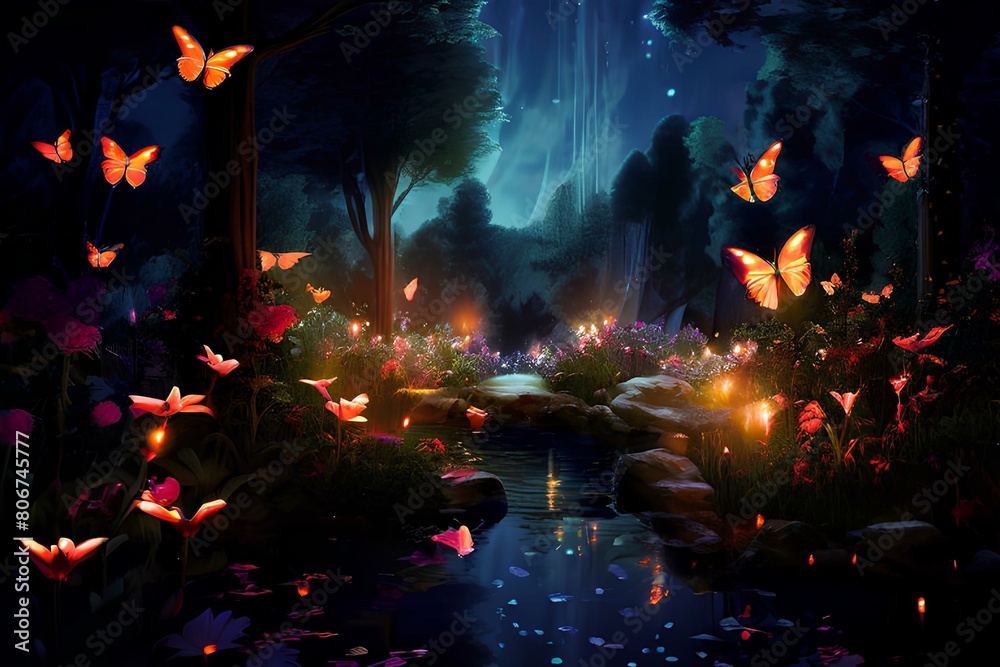 Fantasy garden at night with flying butterflies. Fantasy garden at night with flying butterflies.