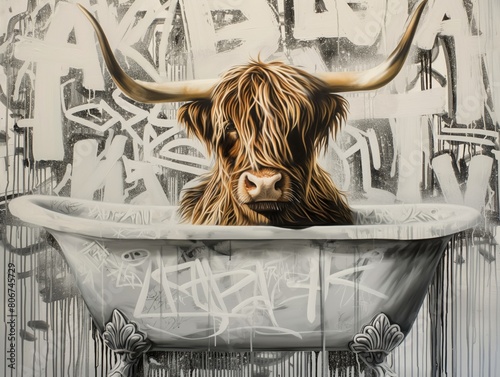 A canvas painting that depicts a Highland cow peering over the edge of a clawfoot tub, surrounded by whimsical black and white graffiti. AI generated