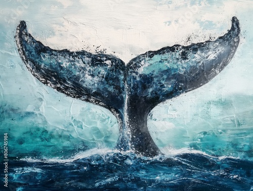 A canvas painting that captures a close-up view of a whale's tail as it dives into the ocean. AI generated