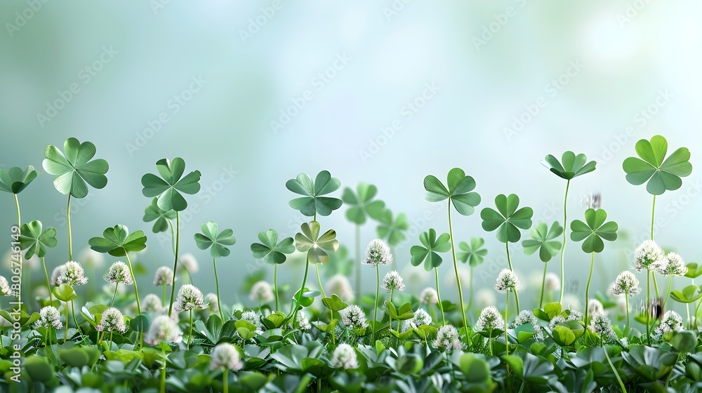 Verdant Clover Carpet Adorned with Lucky Four-Leaf Clovers for a Festive St Patrick's Day in the Tranquil Meadow