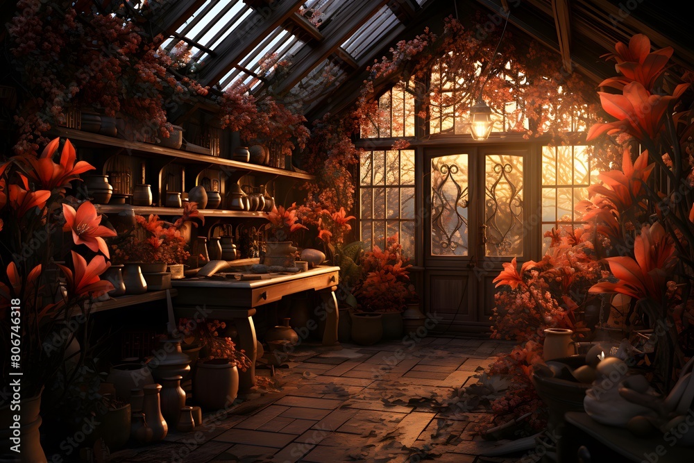 3D rendering of a cozy garden in the evening with a lot of flowers