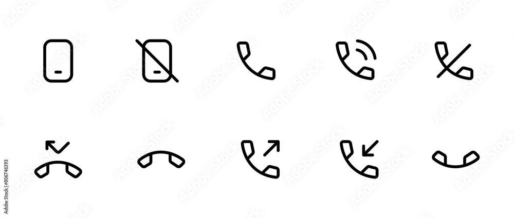 Phone call icons. sign such as incoming call, outgoing calls, silent, mute, global calls, online support, ringing, hangup, hold, call rejected, mobile phone. Editable Stroke vector illustration Phone call icons. sign such as incoming call, outgoing calls, silent, mute, global calls, online support, ringing, hangup, hold, call rejected, mobile phone. Editable Stroke vector illustration