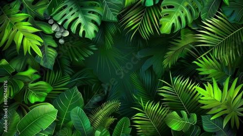 Nature Layout With Creative Tropical Green Leaves, Cartoon Background