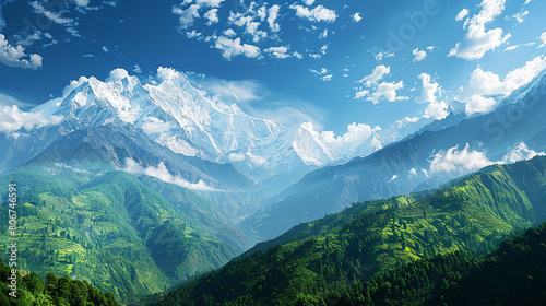 A breathtaking mountain landscape with snow-capped peaks and lush green valleys, under a vibrant blue sky with scattered clouds, showcasing the serene beauty of the natural world.
