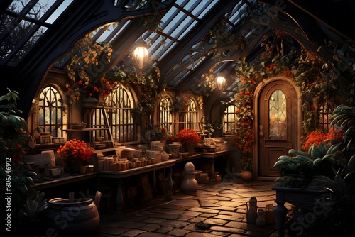 Garden interior with flowers and plants. Panoramic view.
