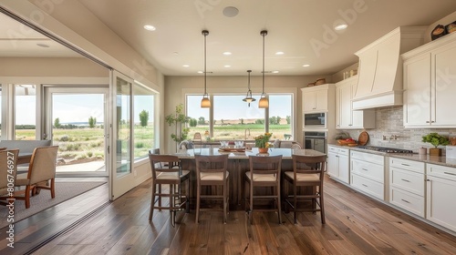 open kitchen with field view featuring wood and brown chairs  a table  and a potted plant on a hardwood floor the kitchen is illuminated by hanging lights and has a white ceiling and