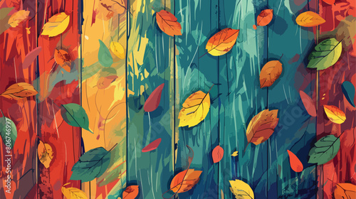 Colorful background wooden texture with leaves vector