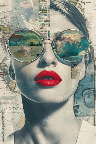 Fashion collage portrait portrait of a girl in sunglasses with bright lips on the background of a world map. Vertical