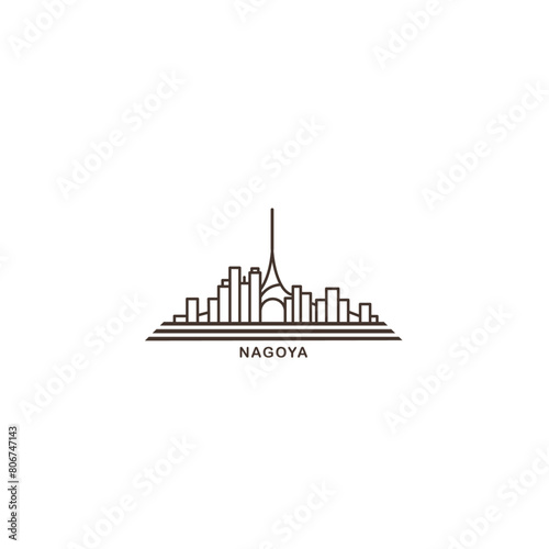 Nagoya cityscape skyline city panorama vector flat modern logo icon. Japan megapolis emblem idea with landmarks and building silhouettes. Isolated thin line black graphic