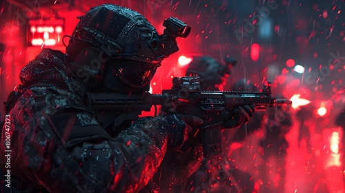 Elite Special Forces Engage in Intense Futuristic Urban Warfare Firefight at Nightfall © kiatipol