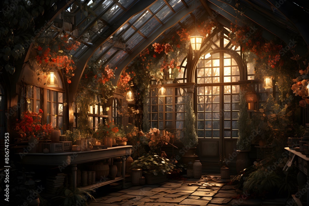 Autumn garden at night, panoramic view of a greenhouse