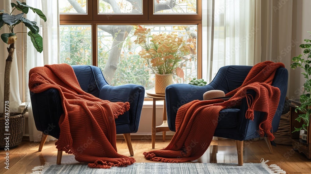 Rust red throw blankets on navy blue armchairs in a cozy reading nook. Rust red throw blankets on navy blue armchairs in a cozy reading nook.