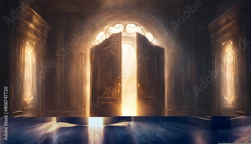 Elegant Entrance ajar door with Golden Light of morning Invitation: good morning light in the church