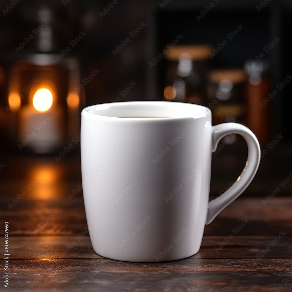 Obraz premium Warm morning ambiance showcasing a white coffee mug mockup on a dark
