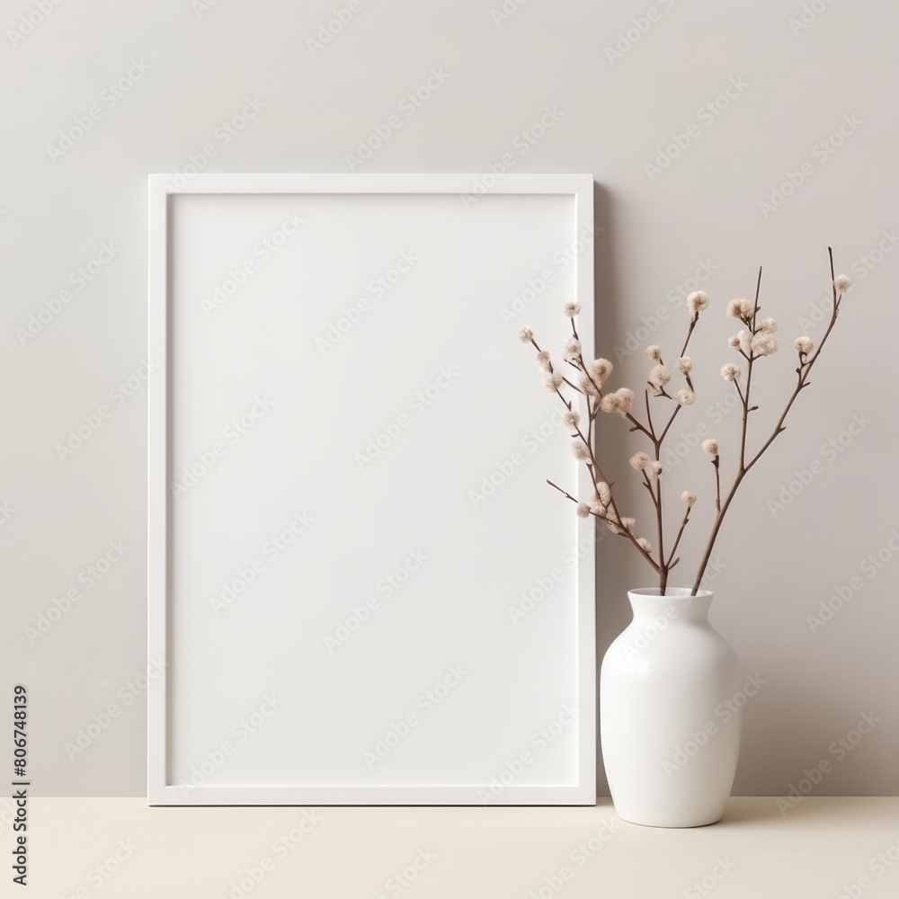 Minimalist style frame mockup on a pale wall, complemented by discreet, natural decorative elements. Minimalist style frame mockup on a pale wall, complemented by discreet, natural decorative elements.