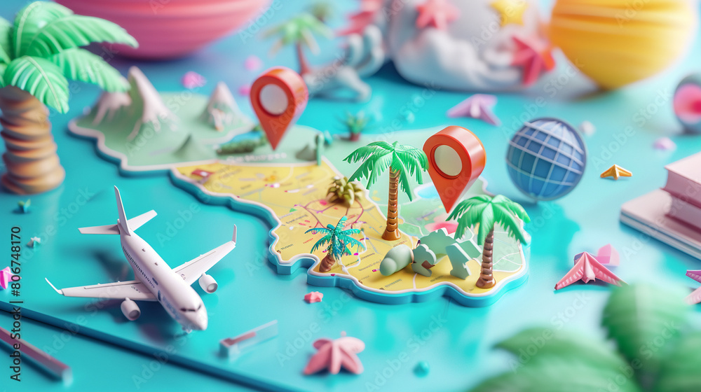 Obraz premium Vibrant 3D Illustration of World Map with Travel Icons, Planes, and Tropical Landscapes