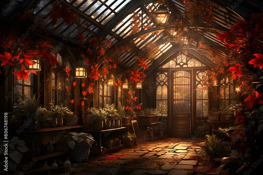 Autumn garden - 3D render of a greenhouse with red leaves