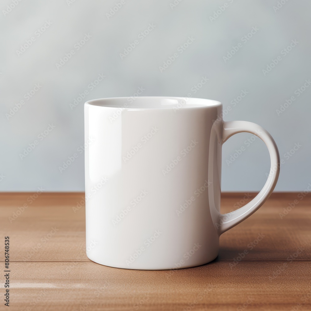 White coffee mug with a blank side for design, set in a minimalist setting with a warm, inviting tone. White coffee mug with a blank side for design, set in a minimalist setting with a warm, inviting tone.
