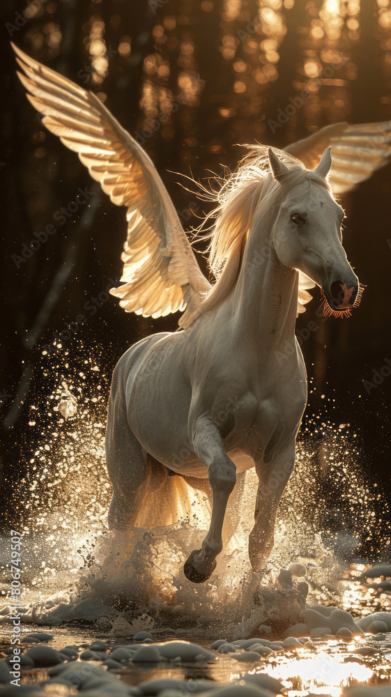 white stallion rearing back with wings straight on view beautiful lighting,generative ai white stallion rearing back with wings straight on view beautiful lighting,generative ai