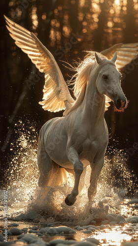 white stallion rearing back with wings straight on view beautiful lighting generative ai